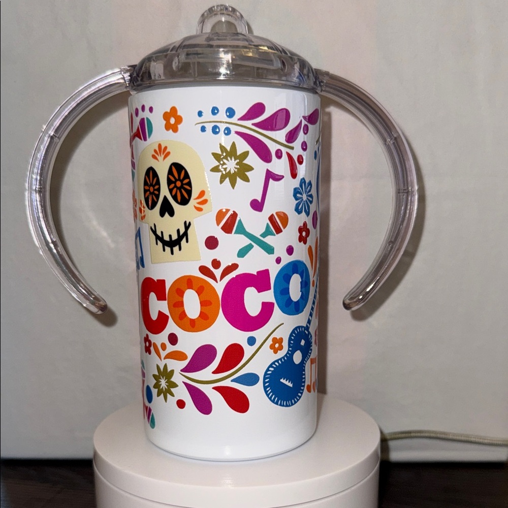 COCO White Kids Sippy Cup with Colorful Day of the Dead Design